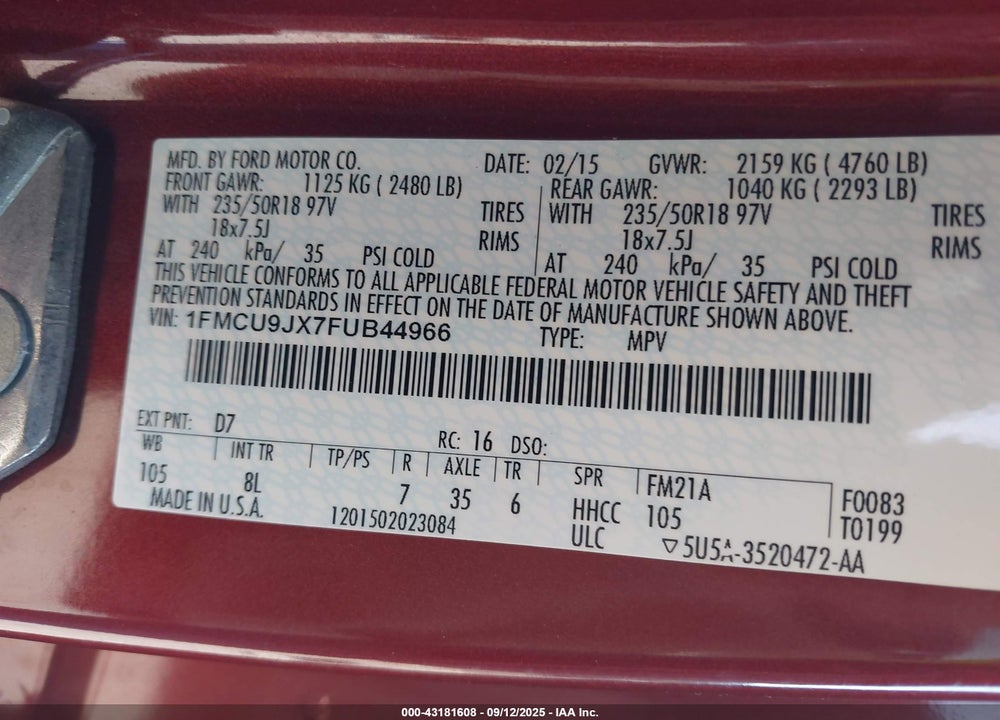 2015 FORD ESCAPE VIN: 1FMCU9JX7FUB44966