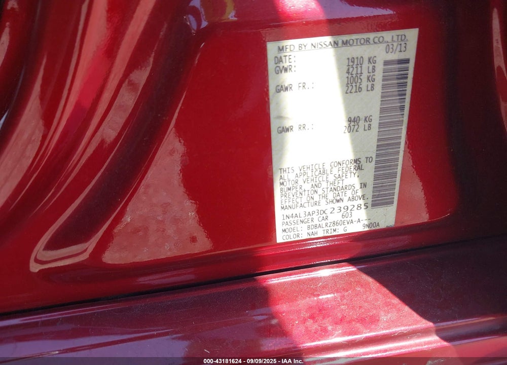2013 NISSAN ALTIMA VIN: 1N4AL3AP3DC239285