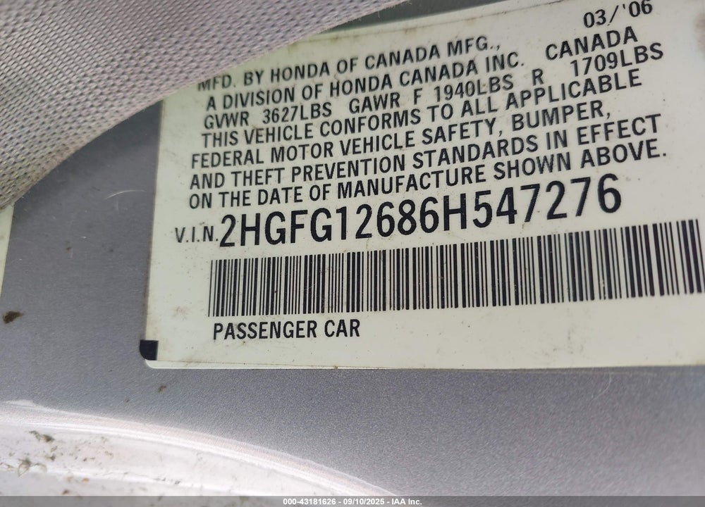 2006 HONDA CIVIC VIN: 2HGFG12686H547276