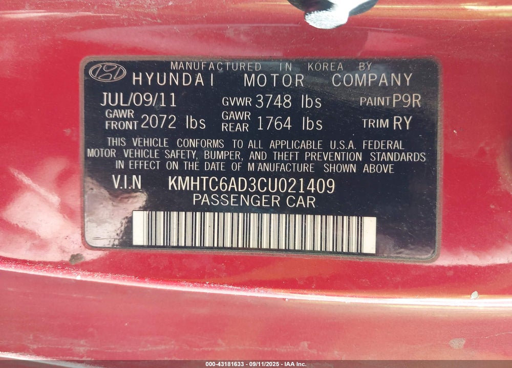 2012 HYUNDAI VELOSTER VIN: KMHTC6AD3CU021409