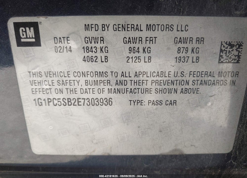 2014 CHEVROLET CRUZE 1LT AUTO VIN: 1G1PC5SB2E7303936