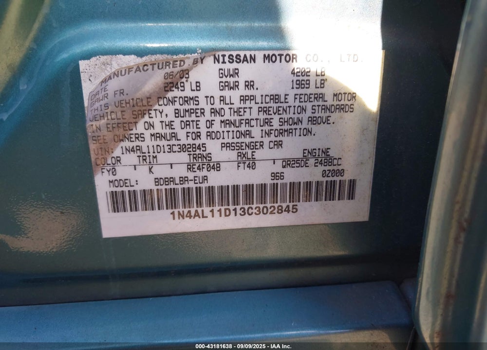2003 NISSAN ALTIMA 2.5 S VIN: 1N4AL11D13C302845