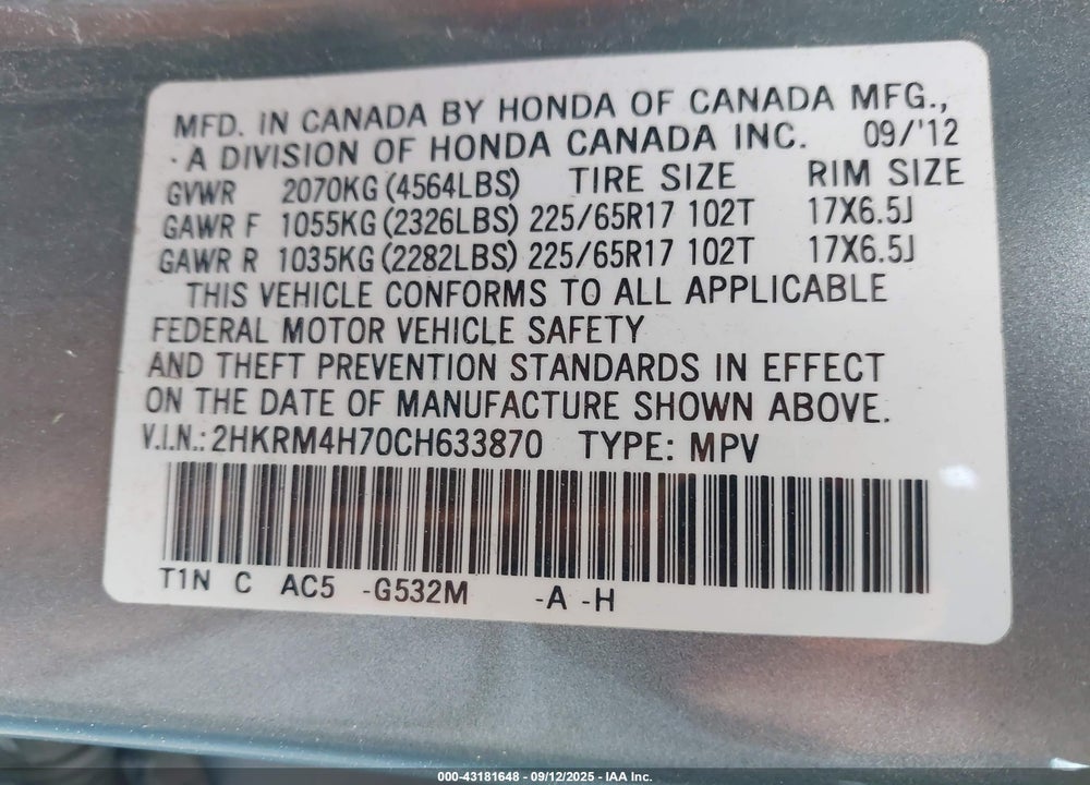2012 HONDA CR-V VIN: 2HKRM4H70CH633870