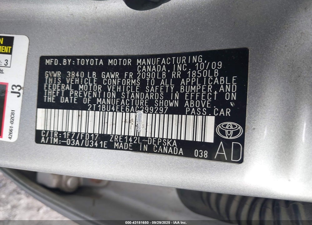 2010 TOYOTA COROLLA VIN: 2T1BU4EE6AC299297