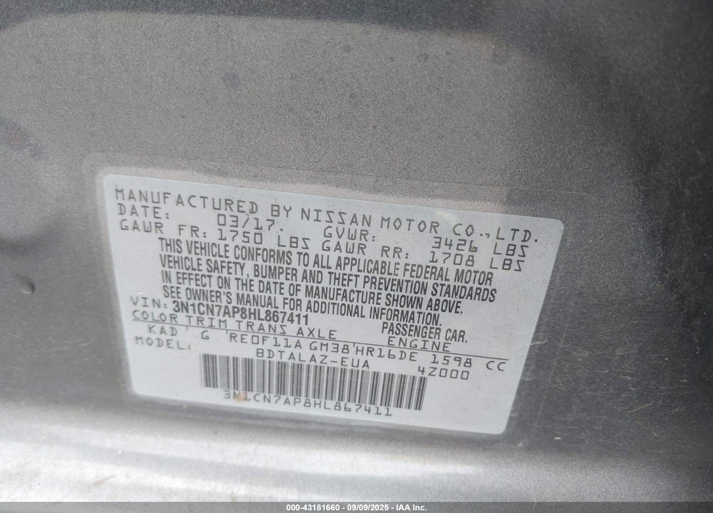2017 NISSAN VERSA 1.6 S+ VIN: 3N1CN7AP8HL867411