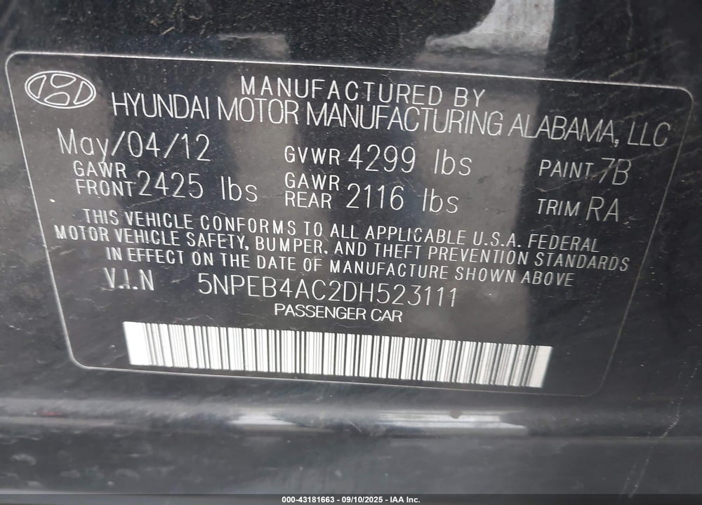 2013 HYUNDAI SONATA VIN: 5NPEB4AC2DH523111