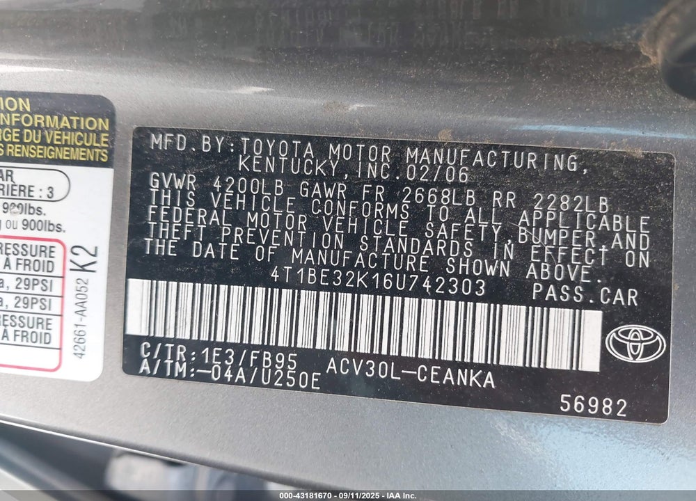2006 TOYOTA CAMRY LE VIN: 4T1BE32K16U742303