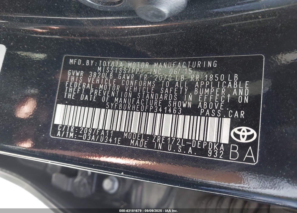 2015 TOYOTA COROLLA VIN: 5YFBURHE0FP341463