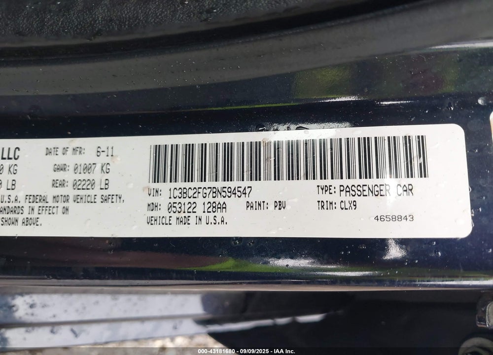 2011 CHRYSLER 200 VIN: 1C3BC2FG7BN594547