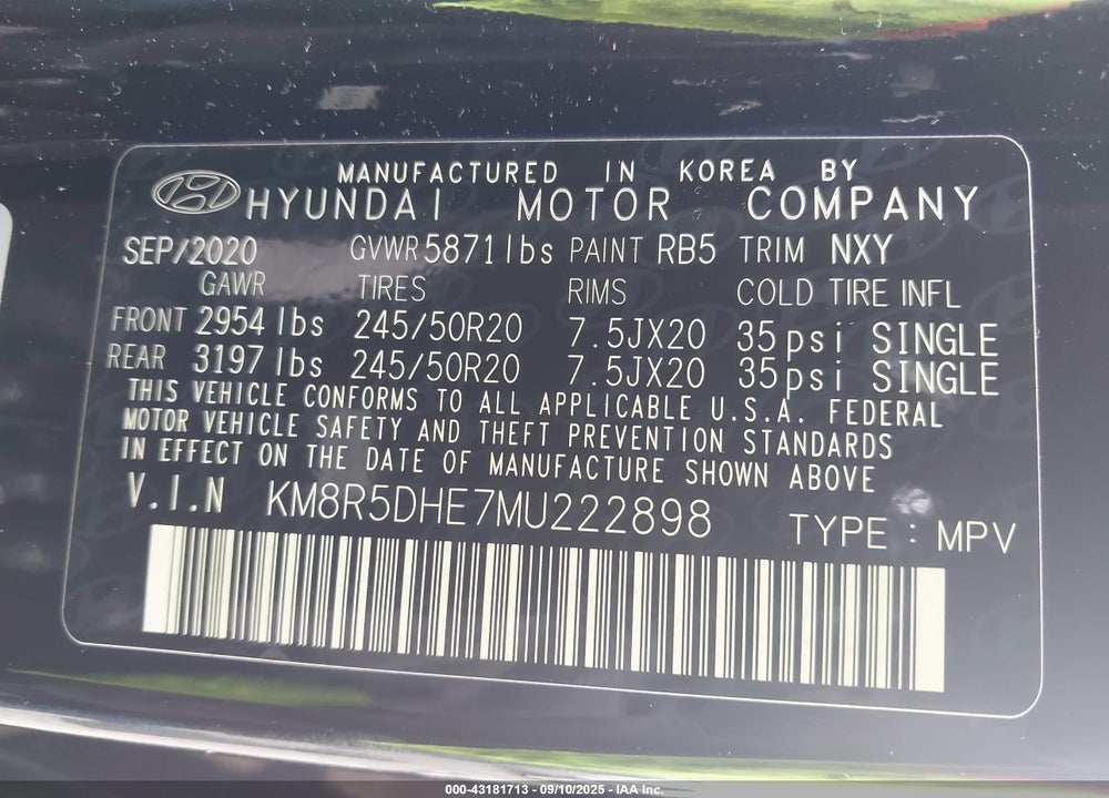 2021 HYUNDAI PALISADE LIMITED VIN: KM8R5DHE7MU222898