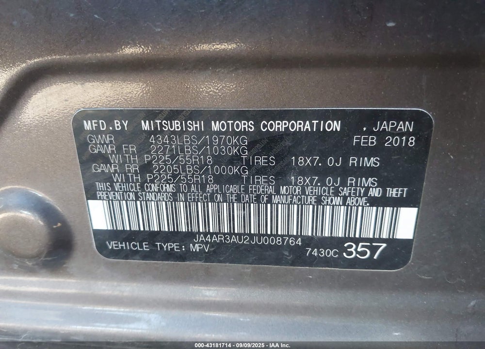 2018 MITSUBISHI OUTLANDER SPORT VIN: JA4AR3AU2JU008764