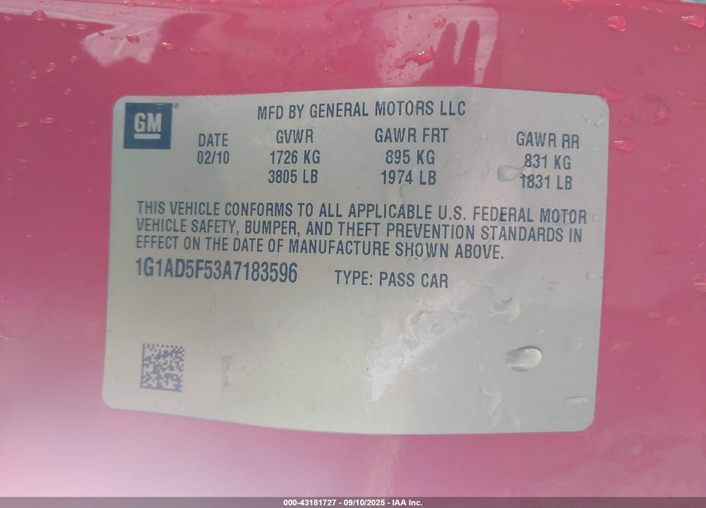 2010 CHEVROLET COBALT VIN: 1G1AD5F53A7183596