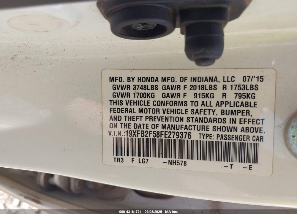 2015 HONDA CIVIC LX VIN: 19XFB2F58FE279376