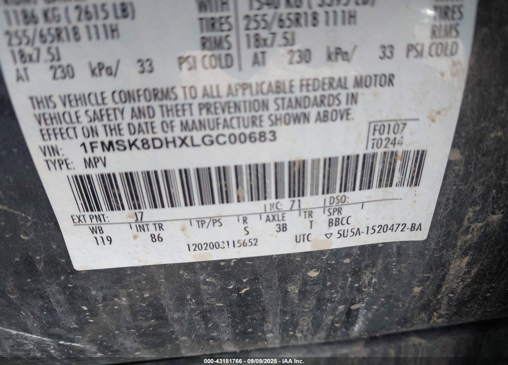 2020 FORD EXPLORER VIN: 1FMSK8DHXLGC00683