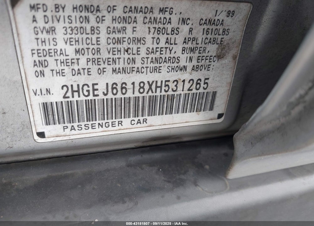 1999 HONDA CIVIC VALUE PACKAGE VIN: 2HGEJ6618XH531265