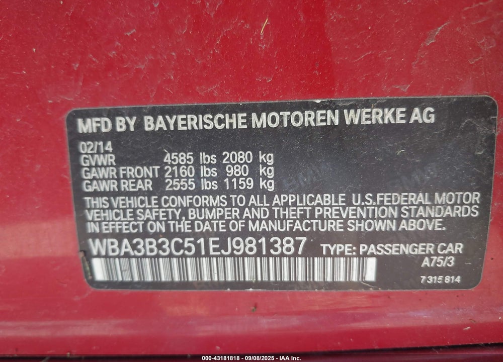2014 BMW 3 SERIES VIN: WBA3B3C51EJ981387