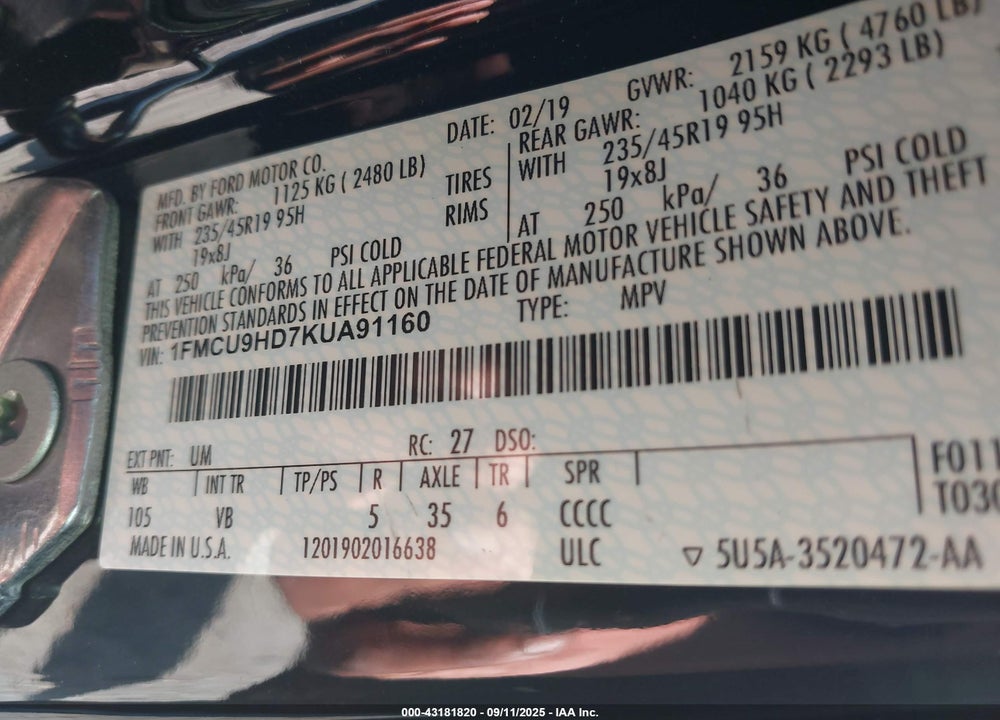 2019 FORD ESCAPE VIN: 1FMCU9HD7KUA91160