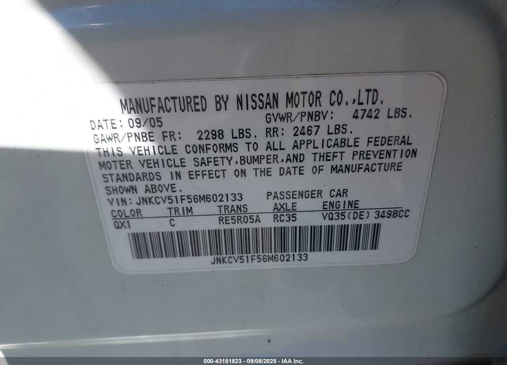 2006 INFINITI G35X VIN: JNKCV51F56M602133