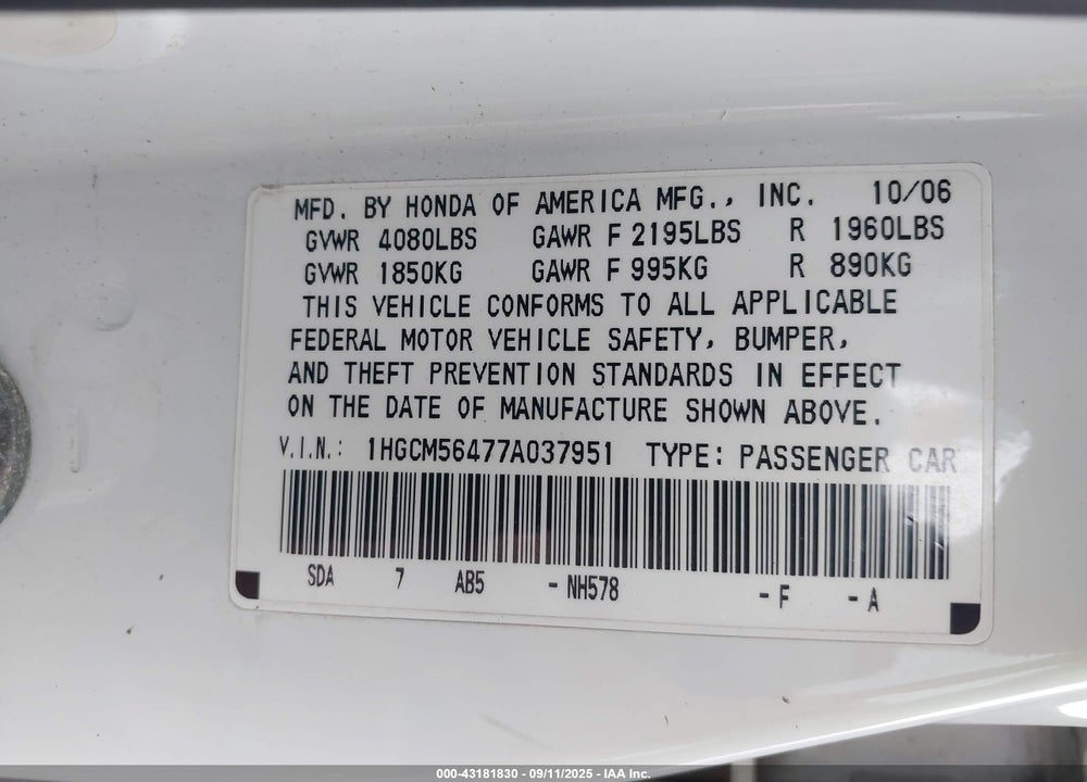2007 HONDA ACCORD 2.4 LX VIN: 1HGCM56477A037951