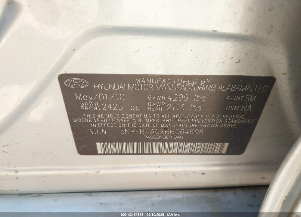 2011 HYUNDAI SONATA VIN: 5NPEB4ACXBH064696