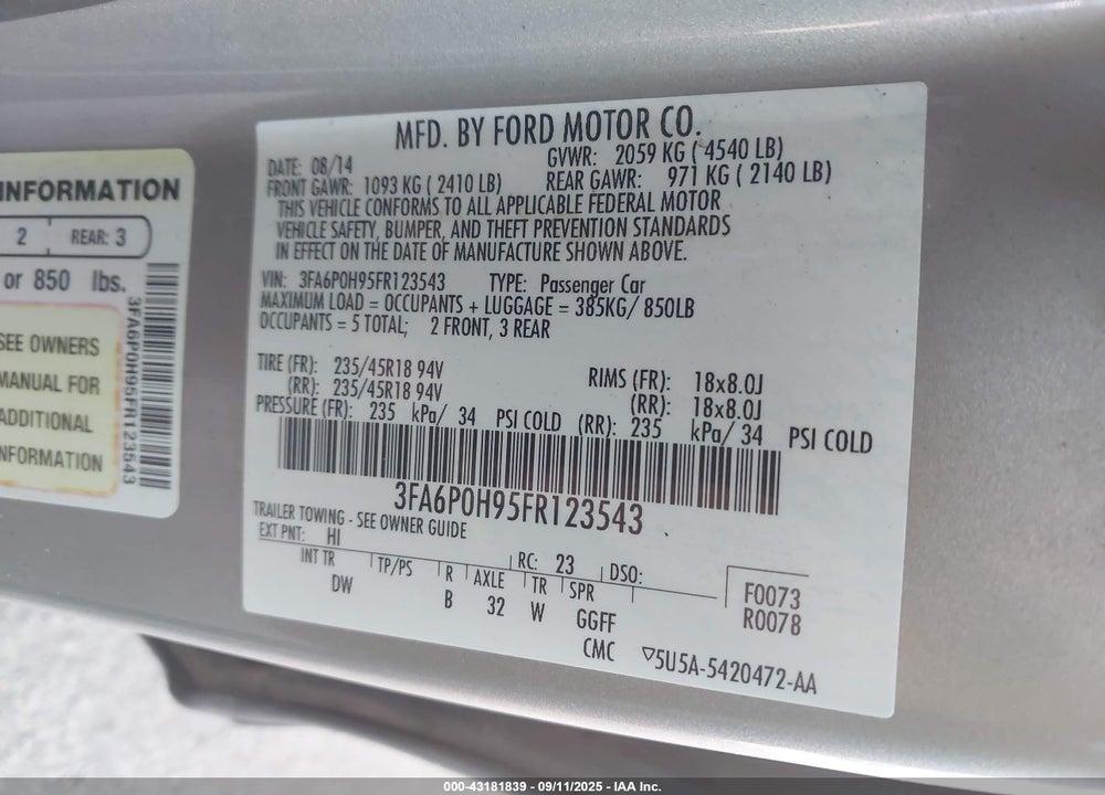 2015 FORD FUSION VIN: 3FA6P0H95FR123543
