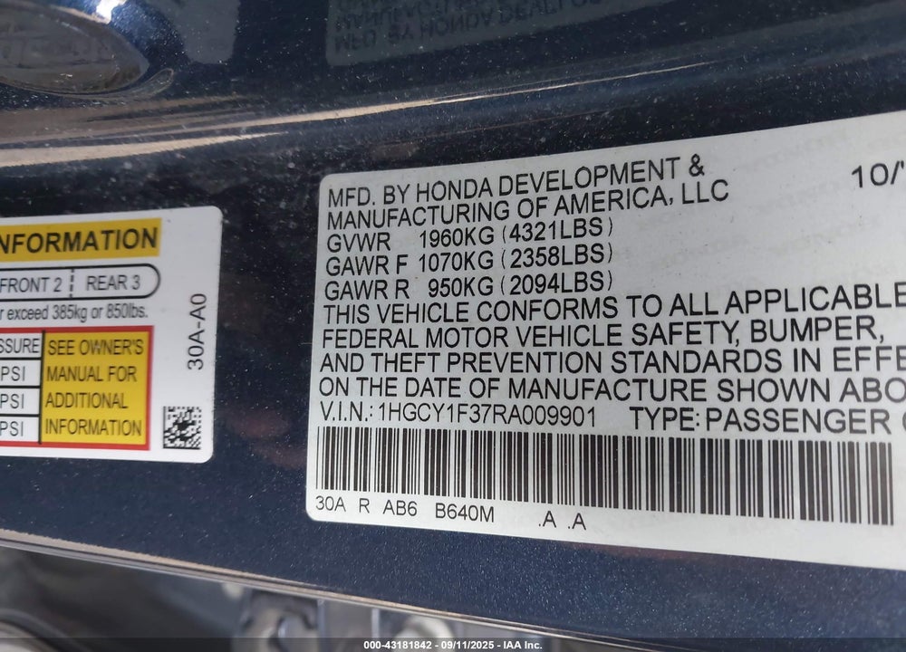 2024 HONDA ACCORD VIN: 1HGCY1F37RA009901