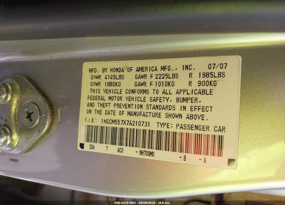 2007 HONDA ACCORD 2.4 EX VIN: 1HGCM557X7A210731