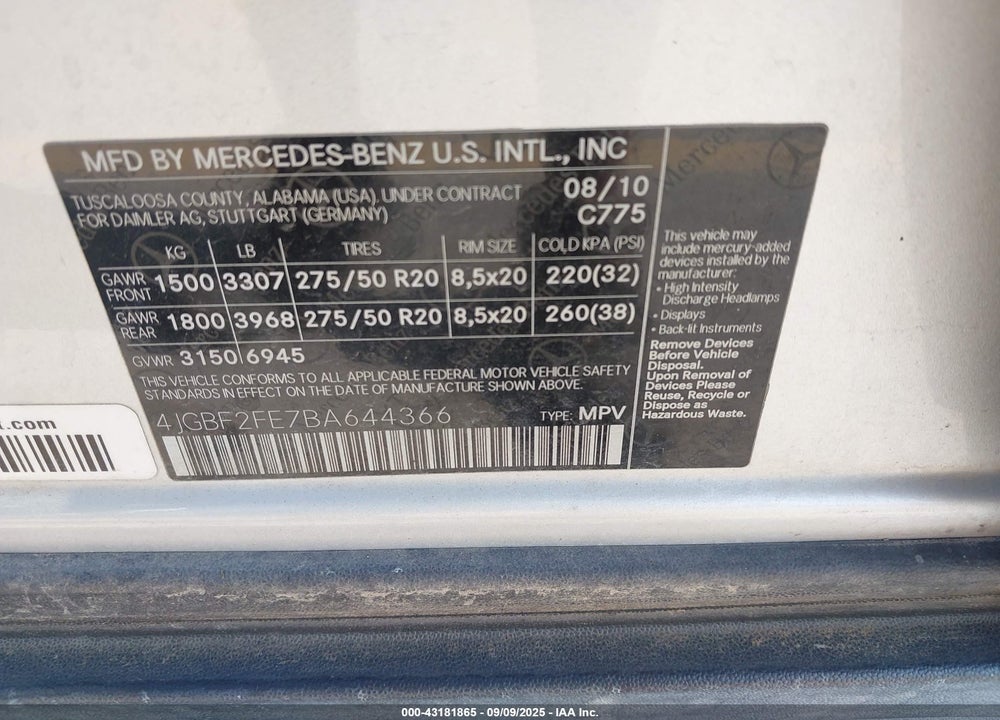 2011 MERCEDES-BENZ GL 350 BLUETEC 4MATIC VIN: 4JGBF2FE7BA644366