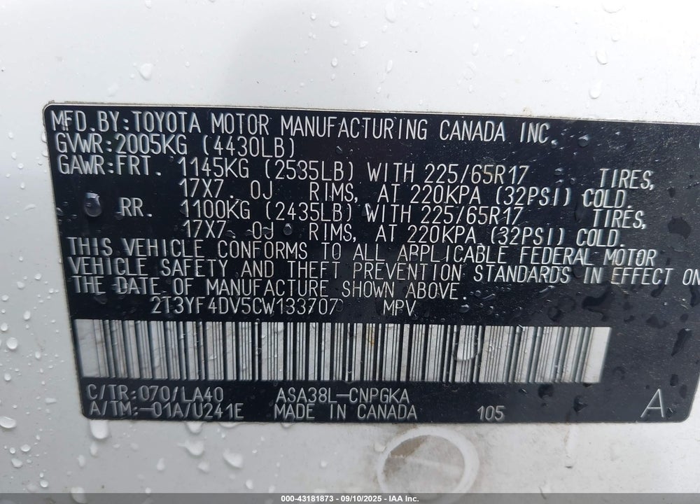 2012 TOYOTA RAV4 VIN: 2T3YF4DV5CW133707