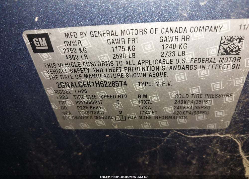 2017 CHEVROLET EQUINOX LT VIN: 2GNALCEK1H6228574