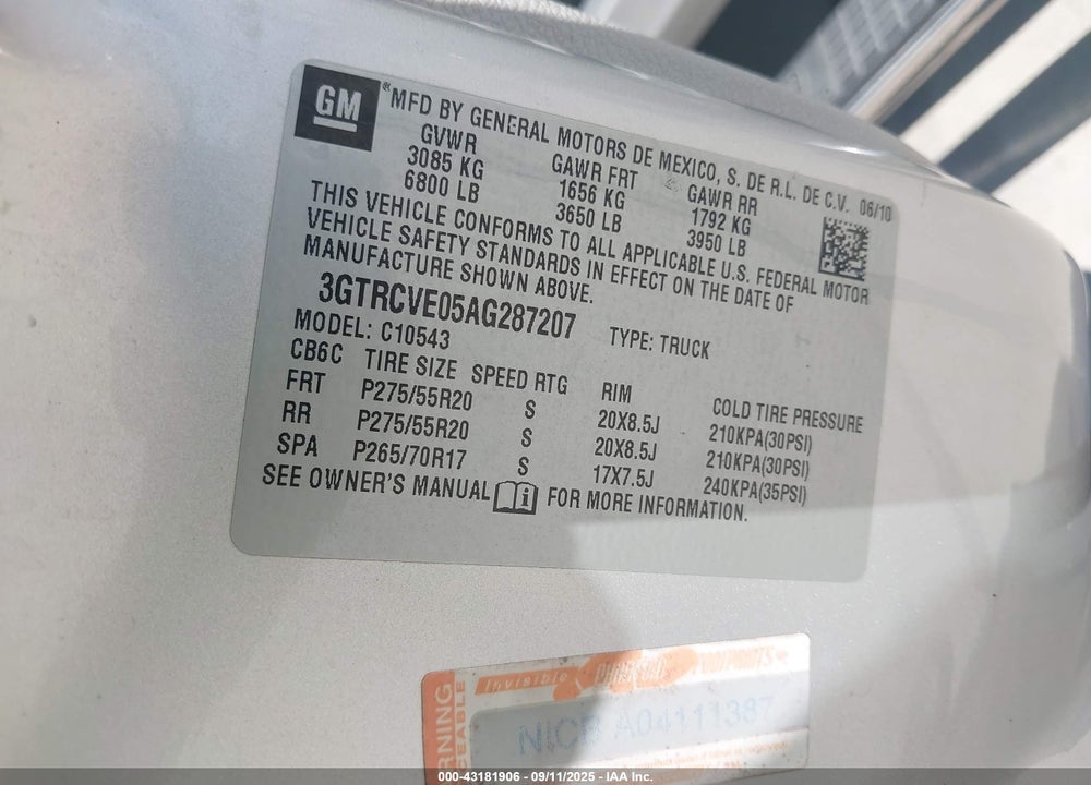 2010 GMC SIERRA 1500 VIN: 3GTRCVE05AG287207