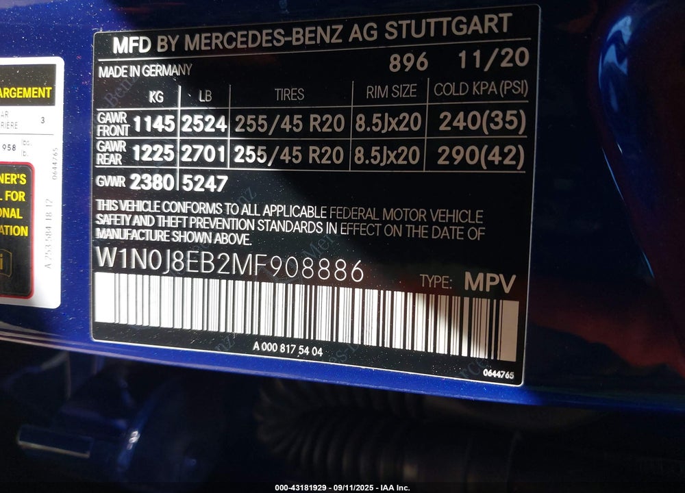 2021 MERCEDES-BENZ GLC CLASS VIN: W1N0J8EB2MF908886
