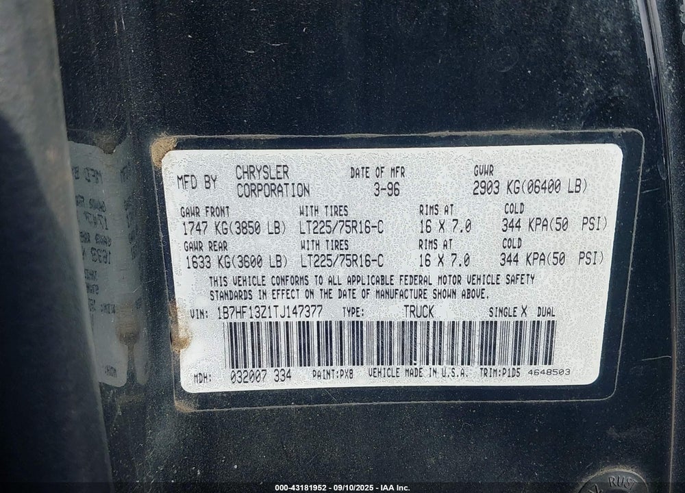 1996 DODGE RAM 1500 VIN: 1B7HF13Z1TJ147377