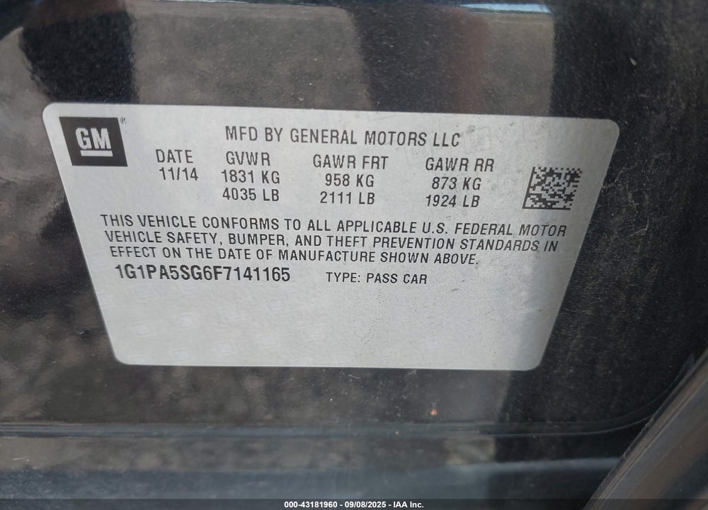 2015 CHEVROLET CRUZE VIN: 1G1PA5SG6F7141165