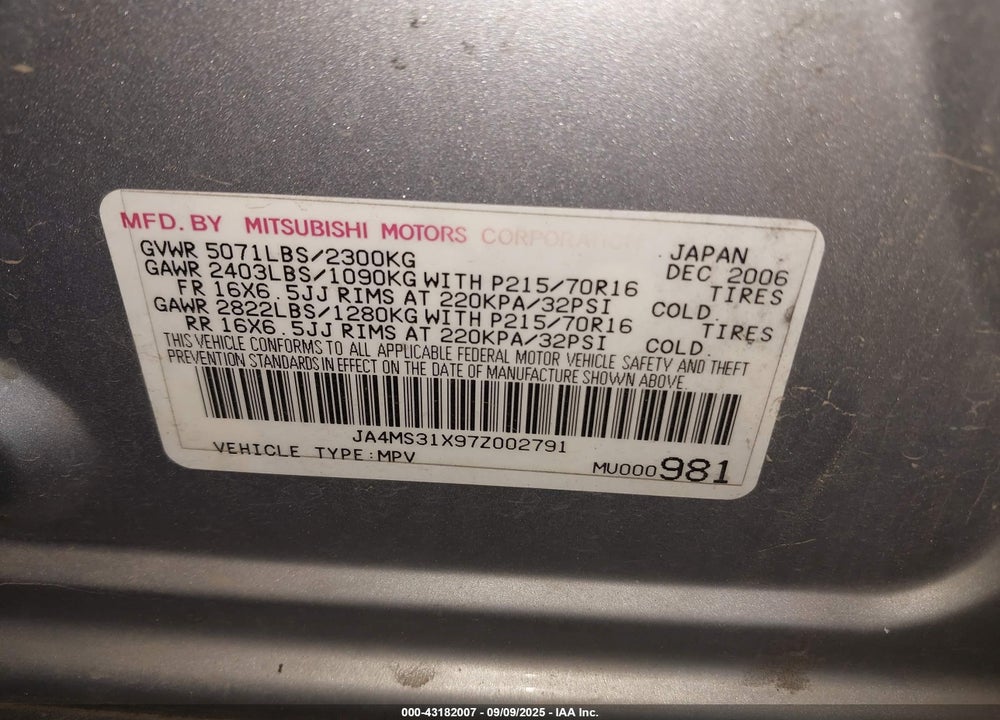 2007 MITSUBISHI OUTLANDER ES/LS VIN: JA4MS31X97Z002791