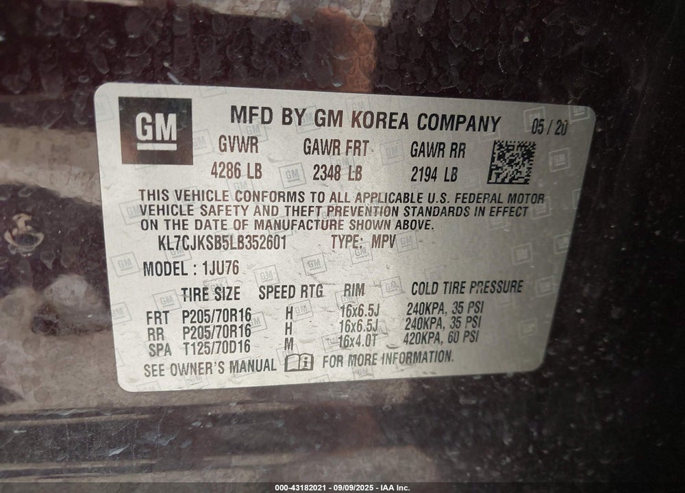 2020 CHEVROLET TRAX VIN: KL7CJKSB5LB352601