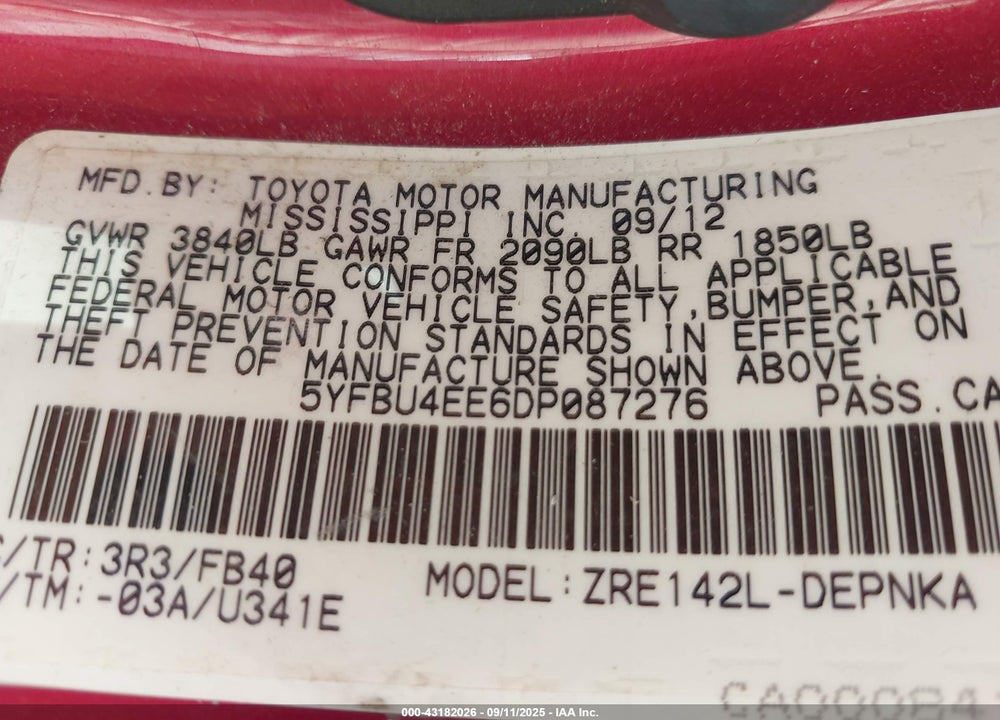 2013 TOYOTA COROLLA VIN: 5YFBU4EE6DP087276