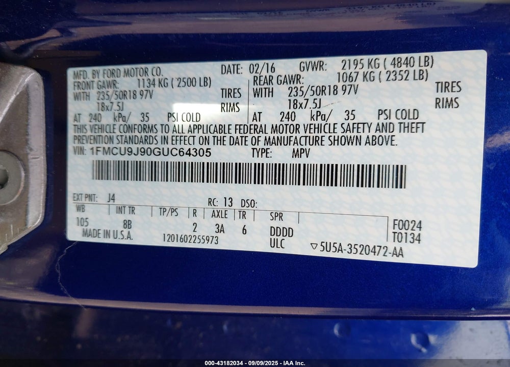 2016 FORD ESCAPE VIN: 1FMCU9J90GUC64305
