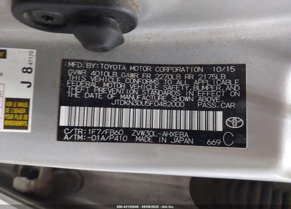 2015 TOYOTA PRIUS VIN: JTDKN3DU5F0482000