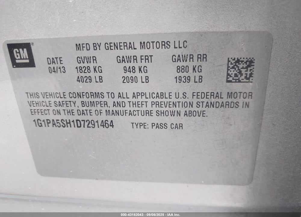 2013 CHEVROLET CRUZE VIN: 1G1PA5SH1D7291464