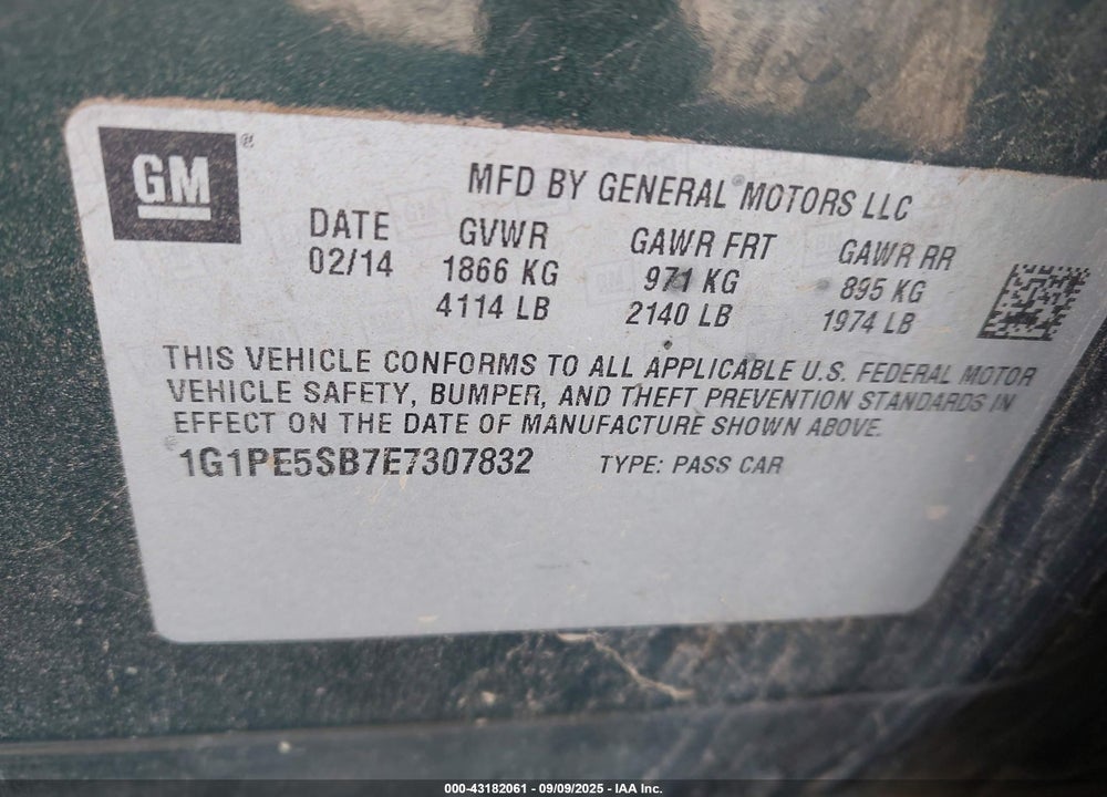 2014 CHEVROLET CRUZE VIN: 1G1PE5SB7E7307832