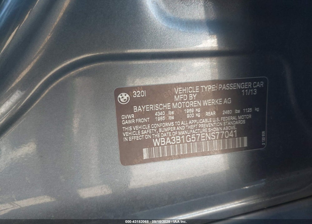 2014 BMW 3 SERIES VIN: WBA3B1G57ENS77041