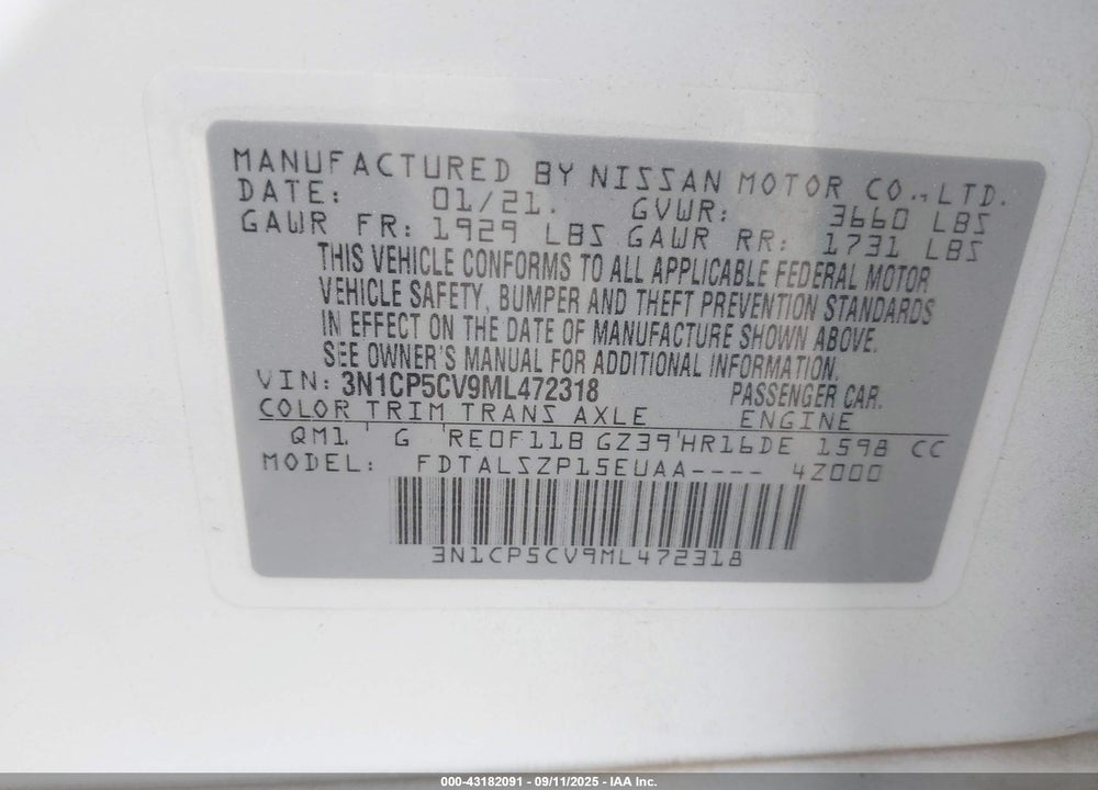2021 NISSAN KICKS VIN: 3N1CP5CV9ML472318