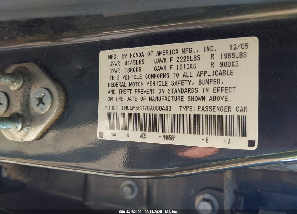 2006 HONDA ACCORD VIN: 1HGCM56376A060443