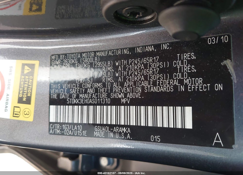 2010 TOYOTA HIGHLANDER VIN: 5TDKK3EH0AS011310