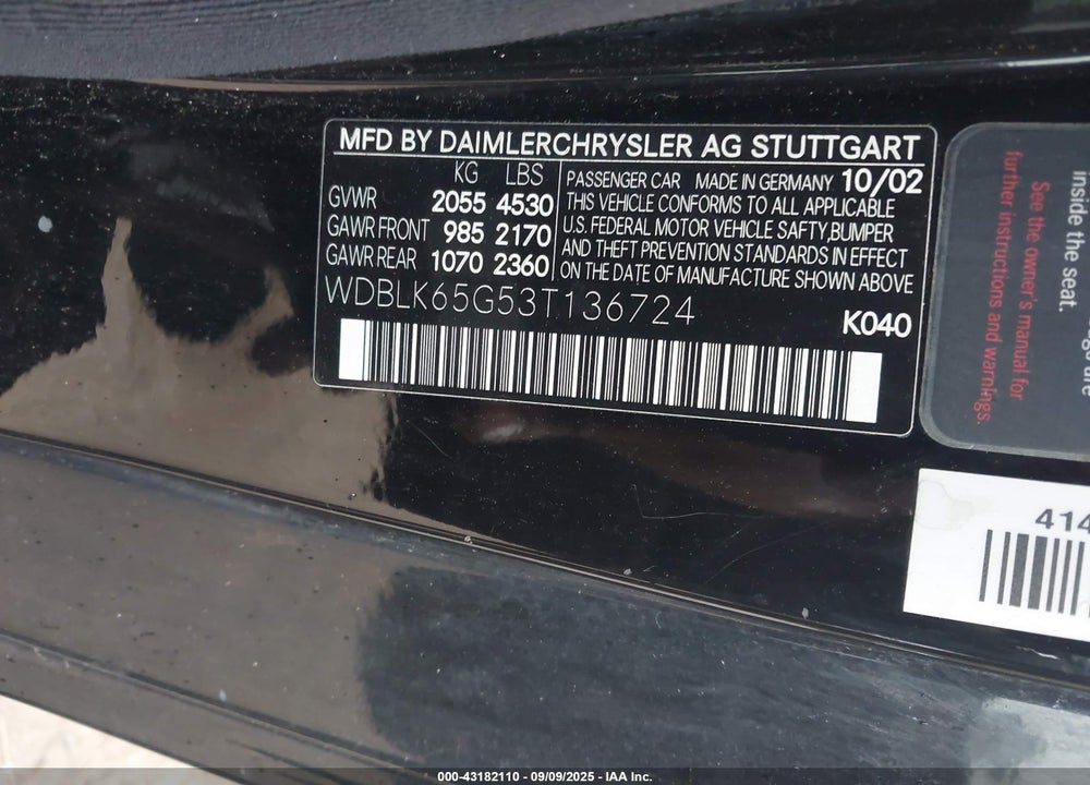 2003 MERCEDES-BENZ CLK 320 VIN: WDBLK65G53T136724