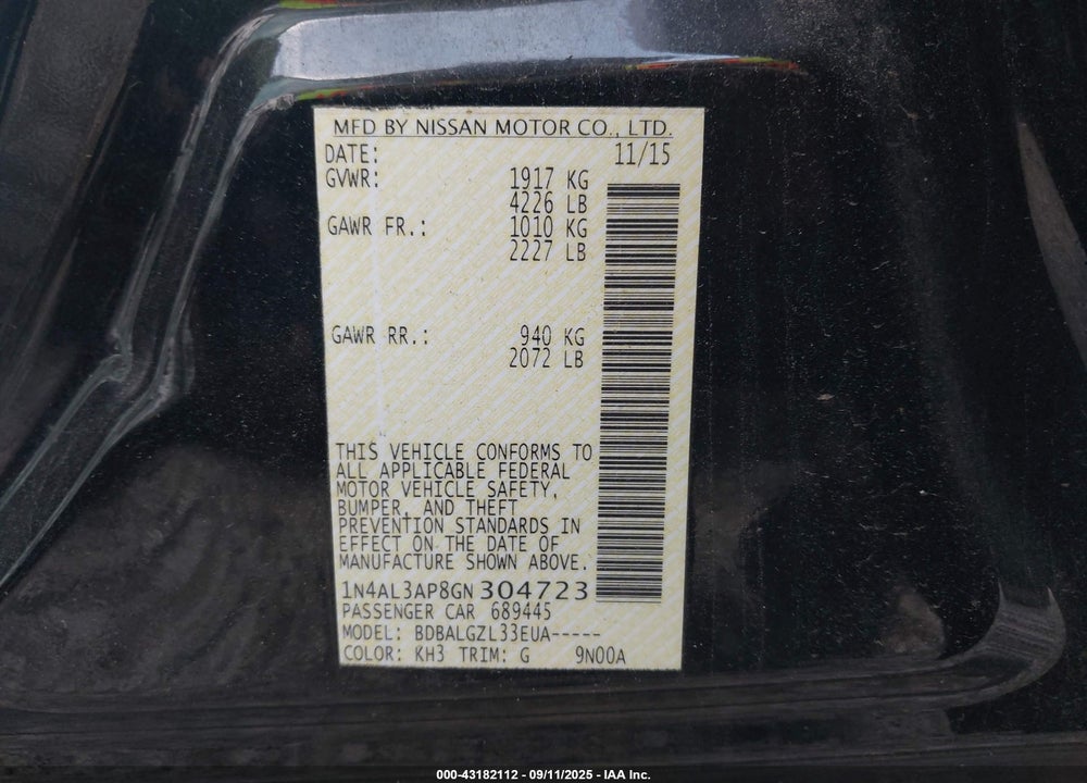 2016 NISSAN ALTIMA VIN: 1N4AL3AP8GN304723