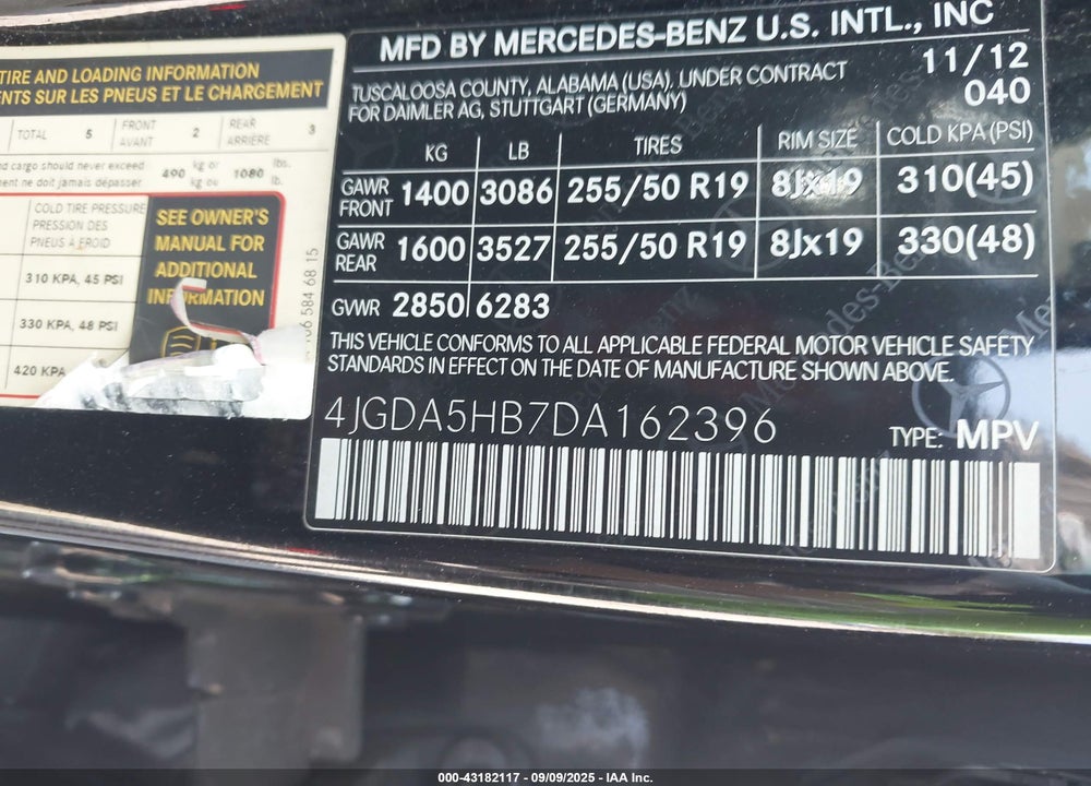 2013 MERCEDES-BENZ ML-CLASS VIN: 4JGDA5HB7DA162396