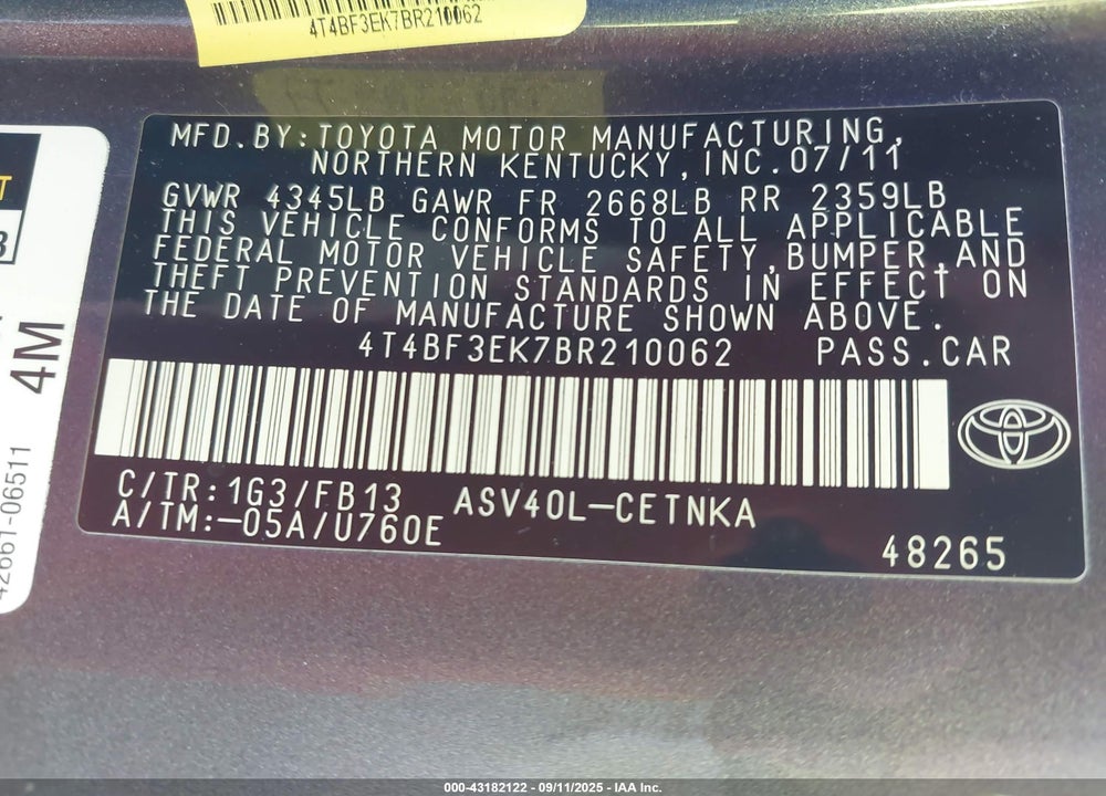 2011 TOYOTA CAMRY VIN: 4T4BF3EK7BR210062