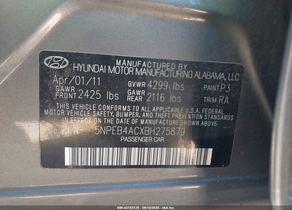 2011 HYUNDAI SONATA GLS VIN: 5NPEB4ACXBH275879